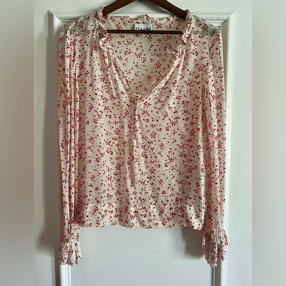 Ganni Cream and Red Floral Blouse